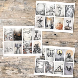 May include: A collection of Halloween-themed art prints featuring whimsical illustrations in grayscale. The prints depict pumpkins, bats, witches, haunted houses, and other spooky elements. The artwork has a vintage, hand-drawn style.