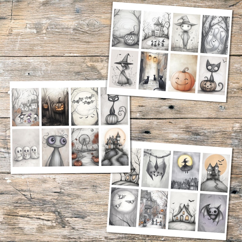 May include: A collection of Halloween-themed art prints featuring whimsical illustrations in grayscale. The prints depict pumpkins, bats, witches, haunted houses, and other spooky elements. The artwork has a vintage, hand-drawn style.