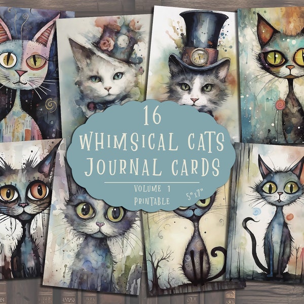 Whimsical Cats Journal Cards, Cats Printable Cards, Cats Scrapbooking, 5x7 Digital Cards, Journaling, Scrapbook, Steampunk, Pages, Decoupage
