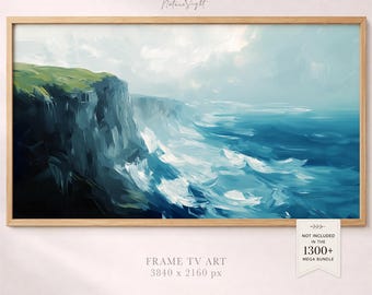 Coastal Cliffs Frame TV Art: Ocean Waves Oil Painting Landscape (Digital Download)