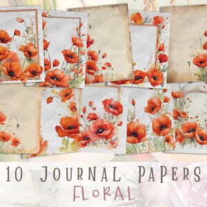 Páginas de diário com papoulas vermelhas | Artigos florais vintage | Papel para scrapbook com papoulas | Folhas de colagem para impressão | Kit de diário de sucata