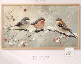 Winter Birds Frame TV Art: Snow Branch Oil Painting TV Screensaver (Digital Download)