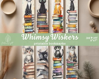 May include: Set of eight printable bookmarks featuring watercolor illustrations of cats perched atop stacks of books. The bookmarks are 2" x 7" and include the text "Whimsy Whiskers". Each bookmark showcases a different cat with unique markings and colors.