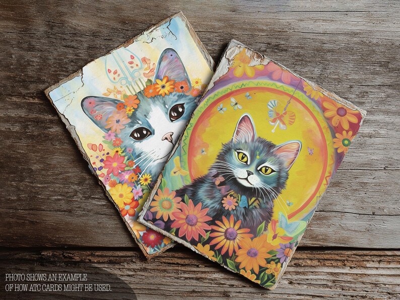 Folk Art Cat Journaling Cards: Vintage Scrapbook Ephemera (Digital Download) image 3