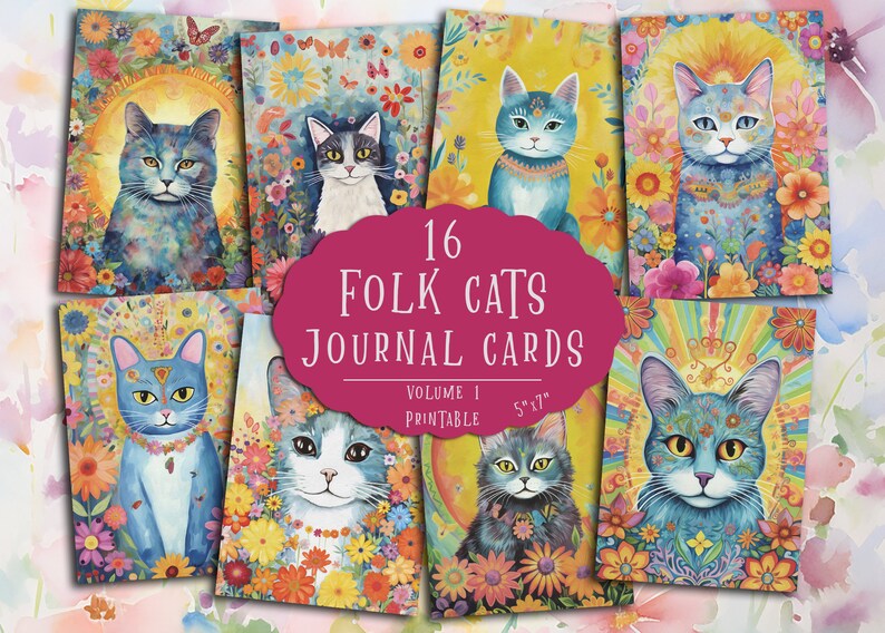 May include: A set of 16 printable folk art cat journal cards. Each card features a colourful cat illustration surrounded by flowers. The cards are 5 inches by 7 inches and are perfect for journaling, scrapbooking, or card making.