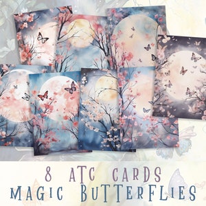 Magische Schmetterlinge Mond ATC Set, mystische Aquarell Karten, digitaler Download, wunderliche Schmetterlings Kunst, Fantasy ATC Sammlung