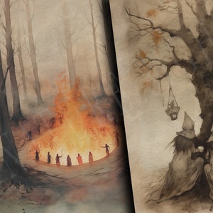 May include: Two watercolor paintings depicting a mystical forest scene. The first painting shows a group of figures gathered around a large bonfire in a foggy forest. The second painting shows three figures wearing pointed hats and cloaks standing under a large tree with hanging lanterns.