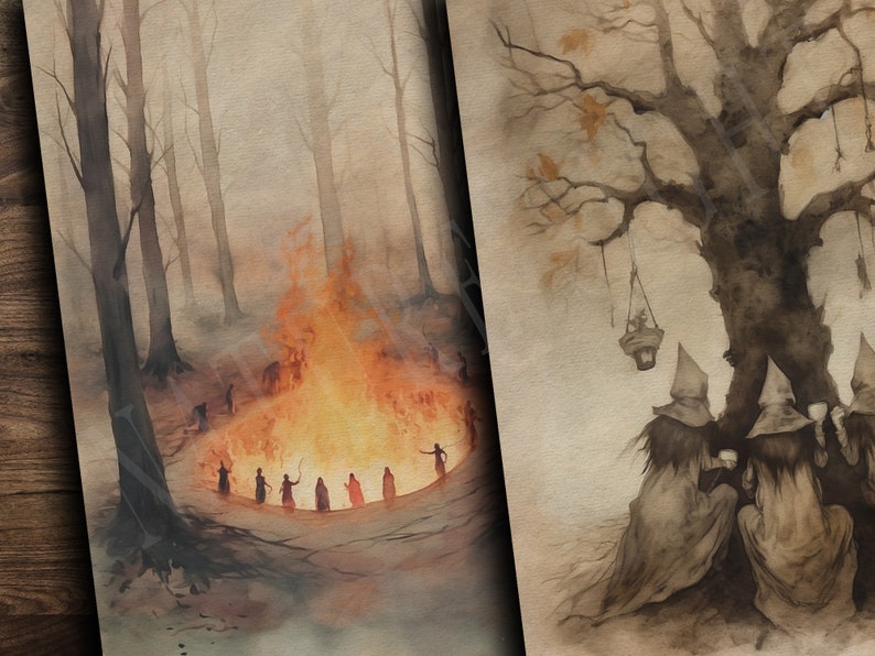 May include: Two watercolor paintings depicting a mystical forest scene. The first painting shows a group of figures gathered around a large bonfire in a foggy forest. The second painting shows three figures wearing pointed hats and cloaks standing under a large tree with hanging lanterns.