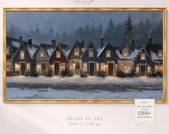 Winter Village Frame TV Art: Festive Snowy Cottage Painting (Digital Download)