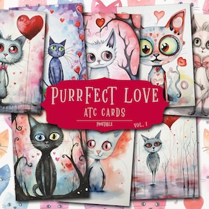 Tarjetas de San Valentín con gatos, álbum de recortes de San Valentín, tarjetas ATC de San Valentín, diario basura de San Valentín, tarjetas de felicitación de amor, San Valentín con gatos, imprimible