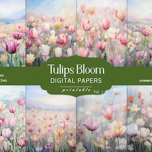 Carte digitali primaverili, carte per scrapbooking digitali Tulip, diario floreale, kit per scrapbooking floreale, fogli di collage primaverili, uso commerciale