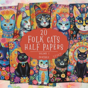 Pagine di diario di scarto di gatto, gatto di arte popolare, carta per album di ritagli di gatto, kit di diario di scarto di gatto, forniture per diario di scarto, pagine di album di ritagli digitali, stampabili
