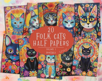 Folk Art Cat Junk Journal Pages: Printable Scrapbook Paper (Digital Download)