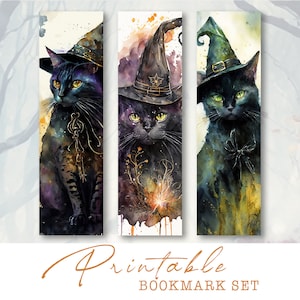 Witch Cats Printable Bookmarks | Gothic Halloween Ephemera | Spooky Junk Journal Tags | Dark Academia Scrapbook | Witchy Digital Art