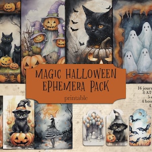 Kit de carnet magique d'Halloween, pages imprimables gothiques, feuilles de collage, scrapbooking, cartes, papiers, éphémères, pages, atc, signets