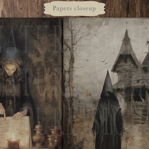 May include: A woman in a dark robe reads a book by candlelight. A hooded figure stands in front of a dilapidated house in the background.