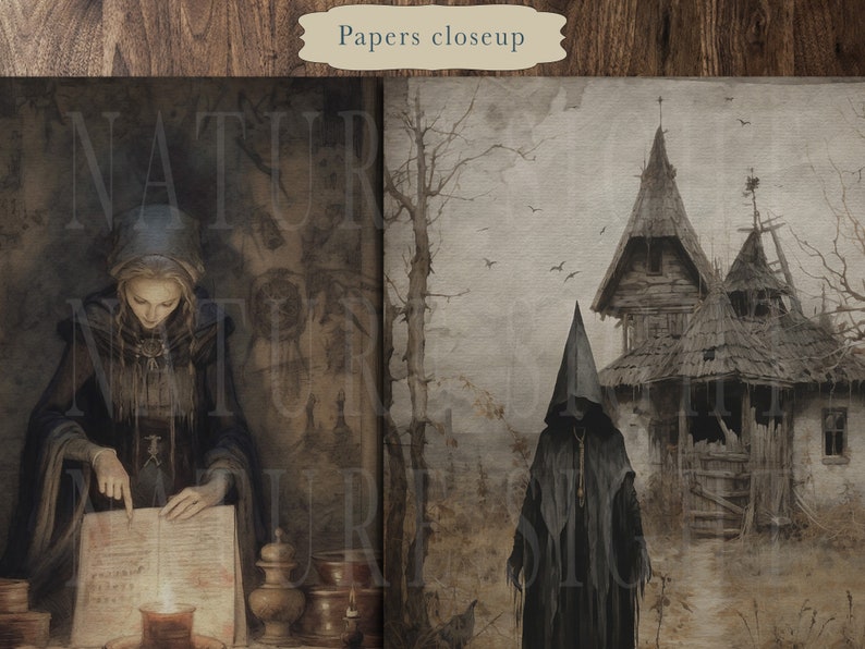 May include: A woman in a dark robe reads a book by candlelight. A hooded figure stands in front of a dilapidated house in the background.