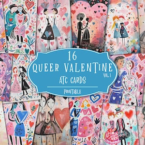 Cartes ATC Queer Valentine | Amour lesbien imprimable | Éphémères pour couples LGBT+ | Art romantique fantaisiste | Téléchargement du journal indésirable