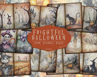 May include: A set of 12 printable Halloween themed junk journal pages. The pages feature watercolor illustrations of ghosts, pumpkins, witches, and other spooky elements. The pages are titled "Frightful Halloween Junk Journal Pages Vol. 10."