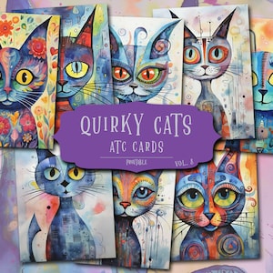 Cartões ATC de diário de lixo de gato, suprimentos para diário de scrapbook, cartões ATC digitais, cartões de diário de lixo, cartões de felicitações de gatos, folhas de colagem