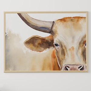 Aquarel Texas Longhorn Bull, kwekerij Longhorn afdrukbare muurkunst, koe digitale print, rustiek wanddecor, land