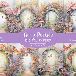 Fairy Forest Digitale Papiere, Fantasy Junk Journal, Magic Portals Hintergründe. Seiten für Märchen Journal, Fee Ephemera Papier, Collage Sheets
