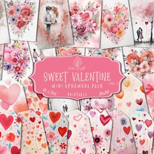Biglietti ATC di San Valentino / Etichette effimere romantiche / Confezione floreale a forma di cuore vintage / Materiali stampabili per diario spazzatura / Forniture per album di ritagli / Download digitale