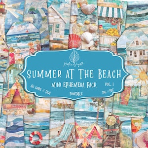 May include: A collection of watercolour beach-themed illustrations, featuring a lighthouse, boats, and beach huts. The text "SUMMER AT THE BEACH" is on a blue banner, with "ATC CARDS & TAGS" and "MINI EPHEMERA PACK". The image is labelled "VOL. 1" and "PRINTABLE".