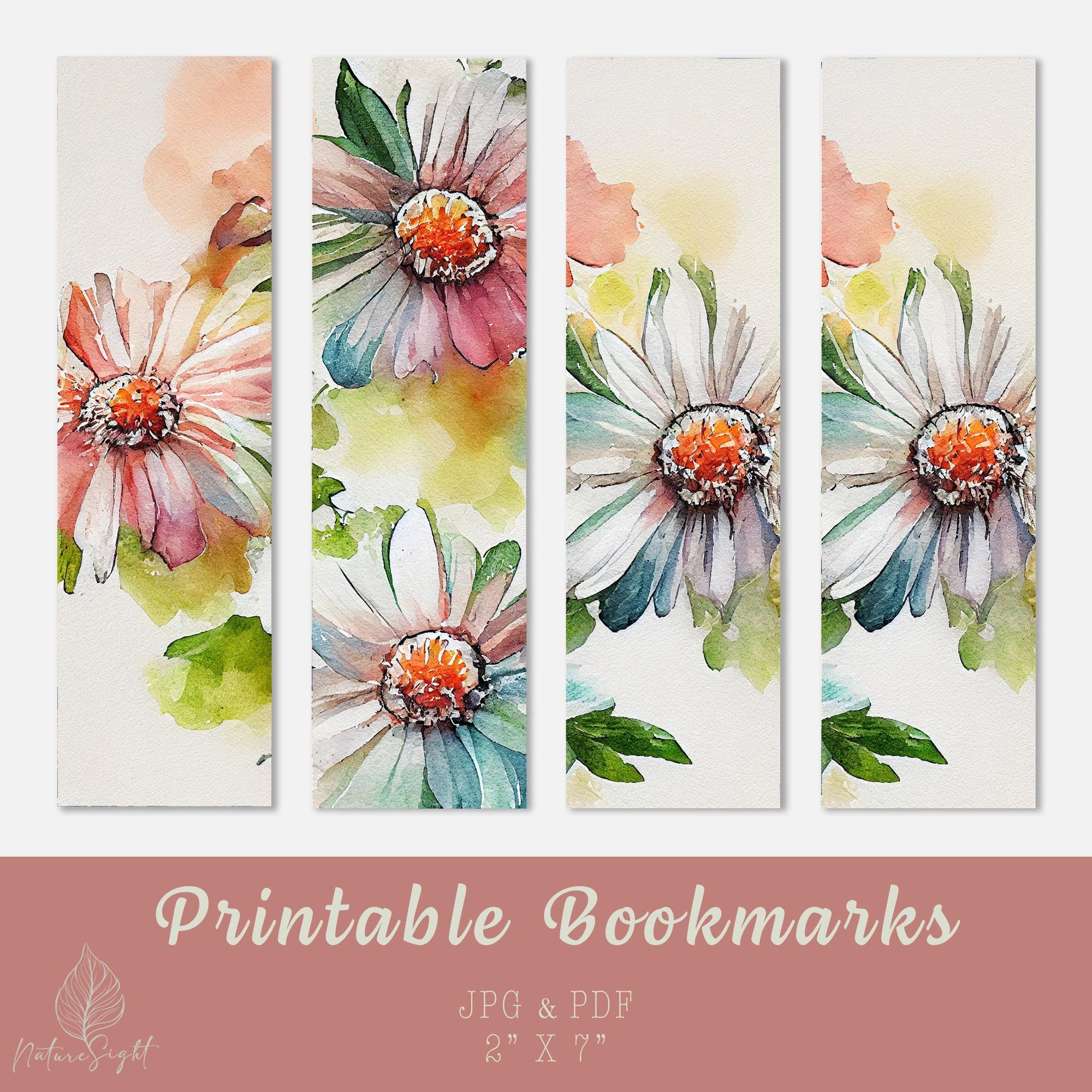 Floral Printable Bookmarks: Watercolor Flower Daisy Tags (digital ...