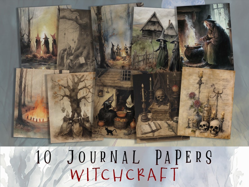 May include: Ten digital papers featuring images of witches, cauldrons, candles, skulls, and other witchcraft imagery. The papers are designed for use in journals, planners, and other creative projects.