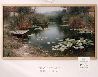 Lily Pond Painting Frame TV Art: Vintage Cottage Pond Landscape (Digital Download)