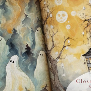 May include: A watercolor painting of a spooky forest with ghosts and a house with glowing windows. The sky is a pale yellow with white clouds and a few jack-o-lantern faces hanging from a bare tree.