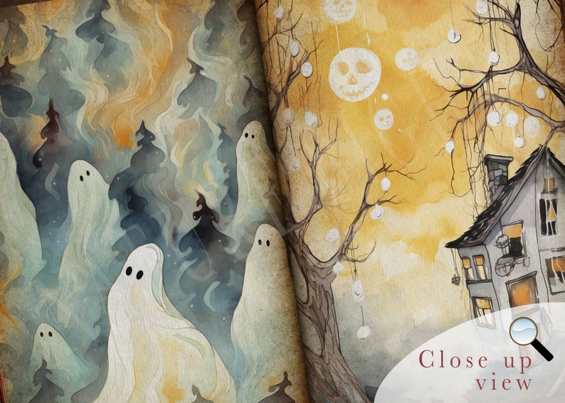 May include: A watercolor painting of a spooky forest with ghosts and a house with glowing windows. The sky is a pale yellow with white clouds and a few jack-o-lantern faces hanging from a bare tree.