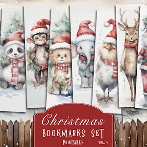 Puede incluir: Conjunto de ocho marcapáginas de Navidad imprimibles con ilustraciones de acuarela de varios animales que llevan gorros y bufandas de Papá Noel. Los animales incluyen un gato, un panda, un mono, un león, un elefante, un pájaro, un ciervo y un zorro. El texto "Christmas Bookmarks Set Printable Vol. 4" está en la parte inferior de la imagen.