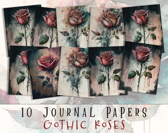 Bloody Roses Junk Journal Papers, gotische dagboekpagina's, kortstondige gotische rozen, gotische afdrukbare kaarten, plakboek, journaling, gothic