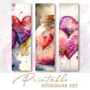 Marcapáginas imprimibles con forma de corazón / Etiquetas románticas de acuarela / Set de marcapáginas de San Valentín / Descarga de efímeras rosas