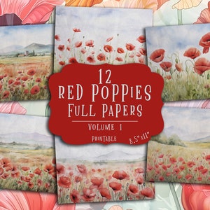 Pacchetto di carta digitale Red Poppies / Kit di diario spazzatura con papaveri acquerellabili / Carta per album di ritagli floreali stampabile / Cancelleria vintage con papaveri