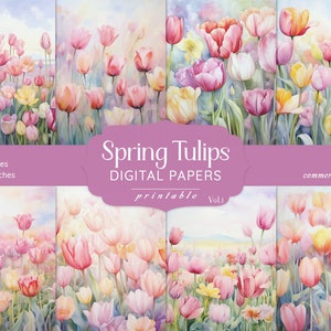 Papier numérique tulipe, papier numérique aquarelle, papiers numériques aquarelle fleurs printanières, fond printanier, scrapbooking floral, journal indésirable