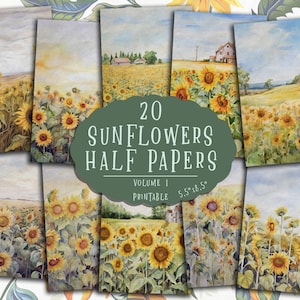 Sunflowers Journal Half Papers, Floral Scrapbooking Kit, Yellow Flowers Cards, Junk Journal Printable Pages, Scrapbook, Decoupage, Crafting