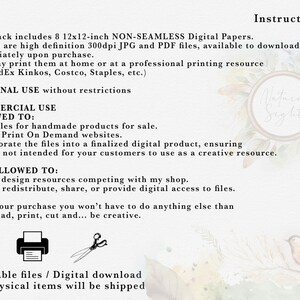 May include: Instructions for using 8 digital paper designs, each measuring 12x12 inches. The papers are high-resolution, non-seamless, and available in JPG and PDF formats. The text describes personal and commercial use guidelines, including allowed and prohibited uses.