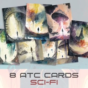 Cartes ATC de science-fiction | Art fantastique spatial | Journal indésirable extraterrestre | Cartes Cyberpunk imprimables | Album de science-fiction | Téléchargement numérique