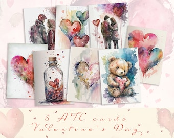 Watercolor Valentine's Day ATC Cards: Hearts Ephemera (Digital Download)