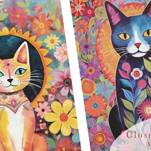 May include: Two colourful illustrations of cats surrounded by flowers. The cat on the left is orange with blue eyes and a floral design on its chest. The cat on the right is blue with yellow eyes and a floral design behind it.