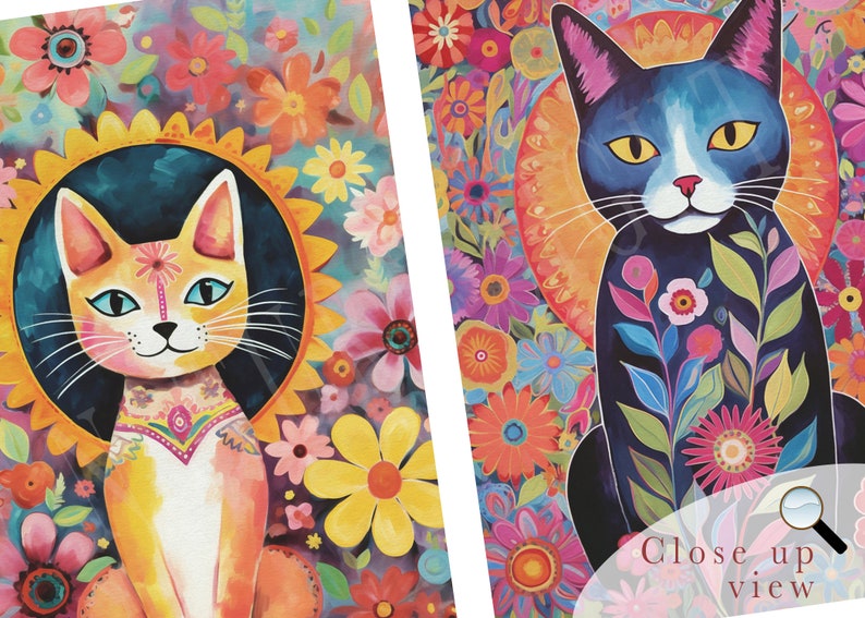 May include: Two colourful illustrations of cats surrounded by flowers. The cat on the left is orange with blue eyes and a floral design on its chest. The cat on the right is blue with yellow eyes and a floral design behind it.