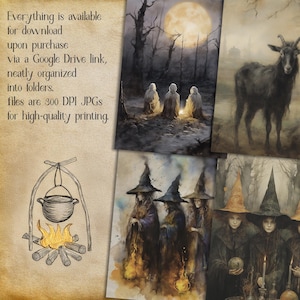 Pu&ograve; includere: Un collage digitale di immagini che presenta un calderone sopra un fuoco, tre figure con tuniche con cappuccio in piedi intorno a un fuoco, una capra in una foresta nebbiosa e tre streghe con cappelli a punta. Il testo "Everything is available for download upon purchase via a Google Drive link, neatly organized into folders. files are 300 DPI JPGS for high-quality printing." &egrave; incluso nell'immagine.