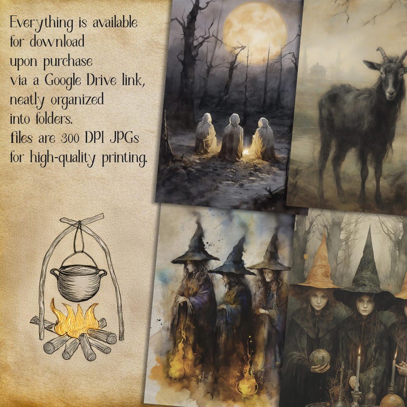 Pu&ograve; includere: Un collage digitale di immagini che presenta un calderone sopra un fuoco, tre figure con tuniche con cappuccio in piedi intorno a un fuoco, una capra in una foresta nebbiosa e tre streghe con cappelli a punta. Il testo "Everything is available for download upon purchase via a Google Drive link, neatly organized into folders. files are 300 DPI JPGS for high-quality printing." &egrave; incluso nell'immagine.