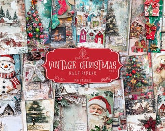 Op de afbeelding: Een collage van digitale papieren met een vintage kerstthema. De papieren bevatten afbeeldingen van sneeuwpoppen, de kerstman, kerstbomen en winterse taferelen. De papieren zijn perfect voor scrapbooking, kaartmaken en andere knutselprojecten.