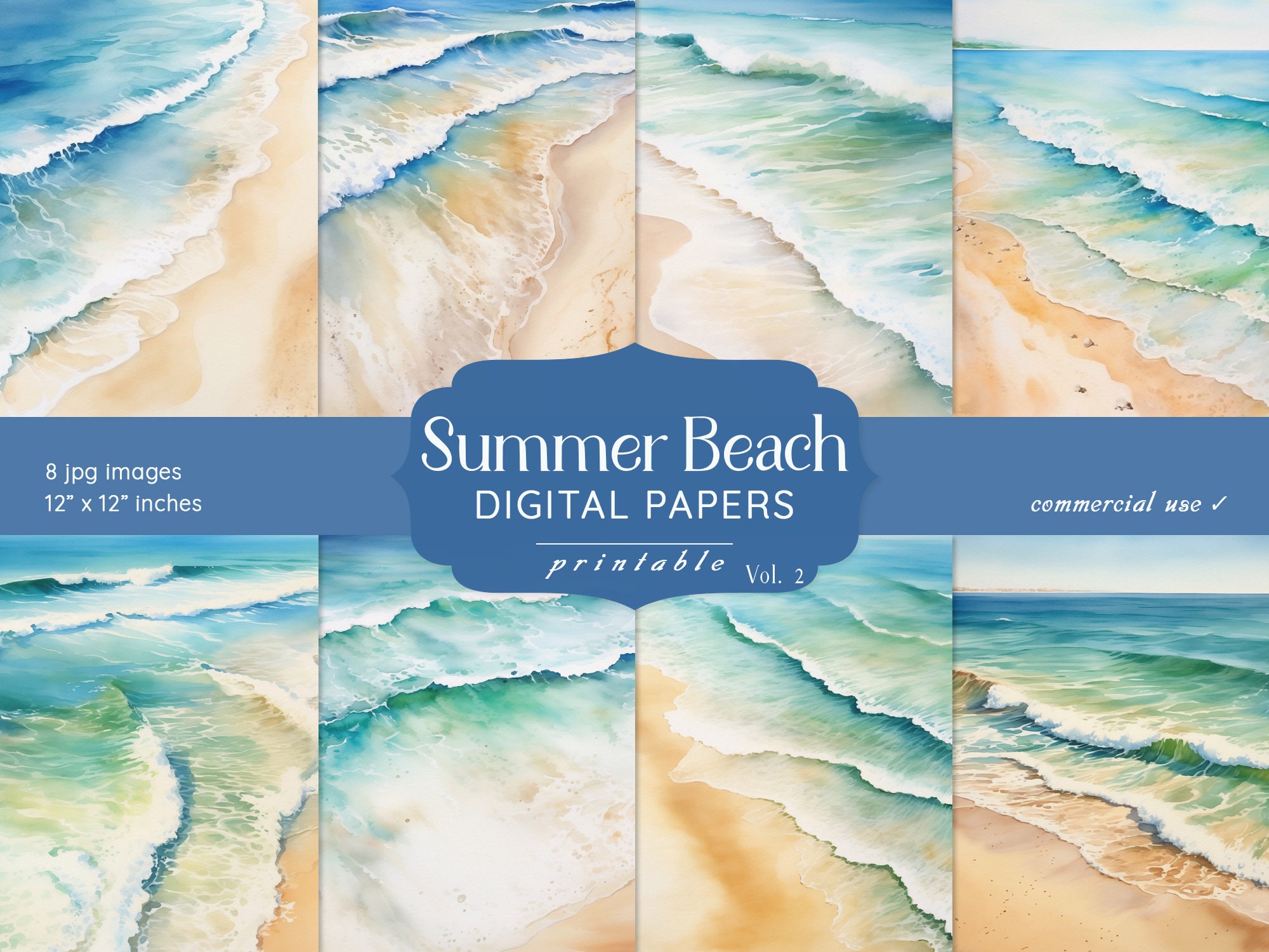 Beach Digital Papers | Ocean Watercolor Scrapbook Backgrounds (digital ...