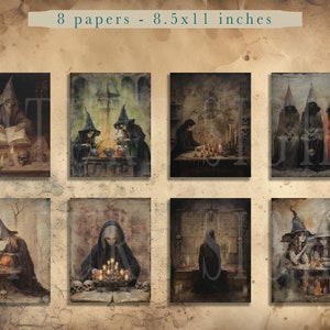 May include: Set of eight 8.5x11 inch printable papers featuring illustrations of witches and wizards in a dark, gothic style. The images depict various scenes of magic and sorcery, including a witch stirring a cauldron, a wizard reading a book, and a group of witches gathered around a table.