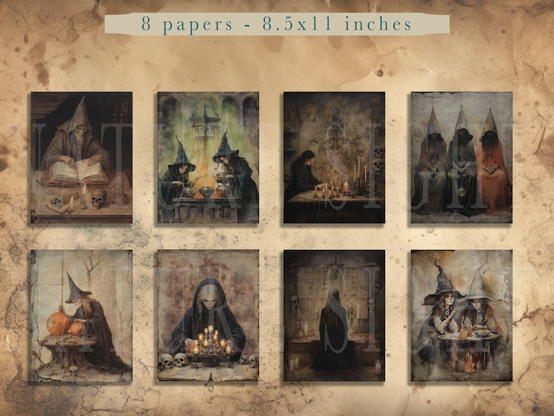 May include: Set of eight 8.5x11 inch printable papers featuring illustrations of witches and wizards in a dark, gothic style. The images depict various scenes of magic and sorcery, including a witch stirring a cauldron, a wizard reading a book, and a group of witches gathered around a table.